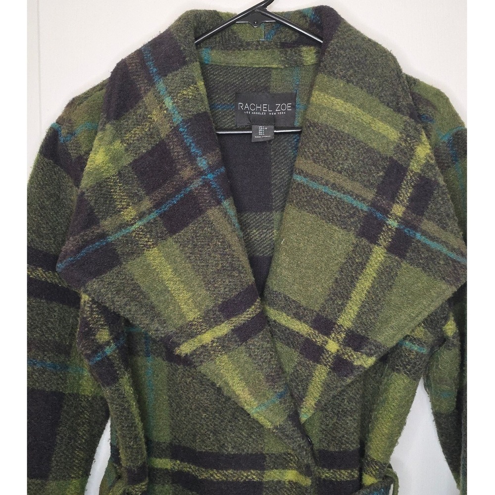 Rachel Zoe Green Plaid Wrap Coat Womens Large Belted Wide Lapel Long Sleeve L - Picture 3 of 7